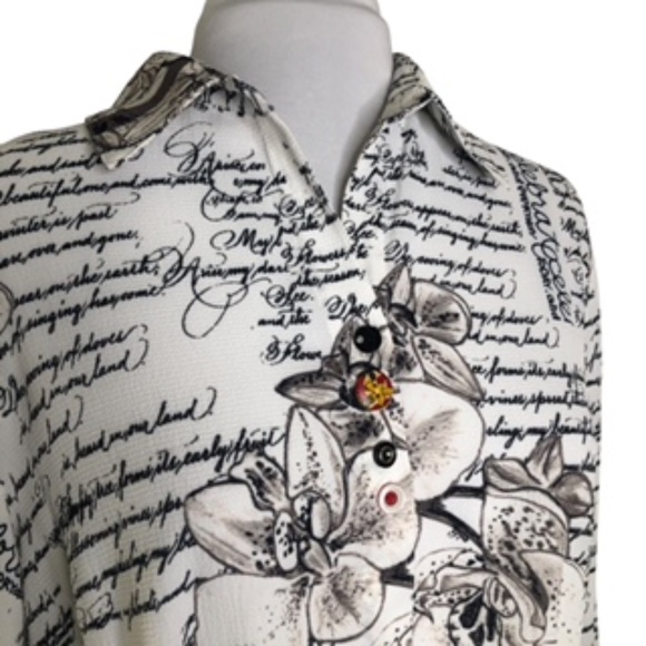 NWT Mischa Cream & Black Bell Sleeve Tie Waist Abstract Floral Tunic Size L - Picture 2 of 9